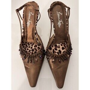 Ramon Tenza Beaded Bronze Slingback Heels Leopard 8AA Spain Y2K